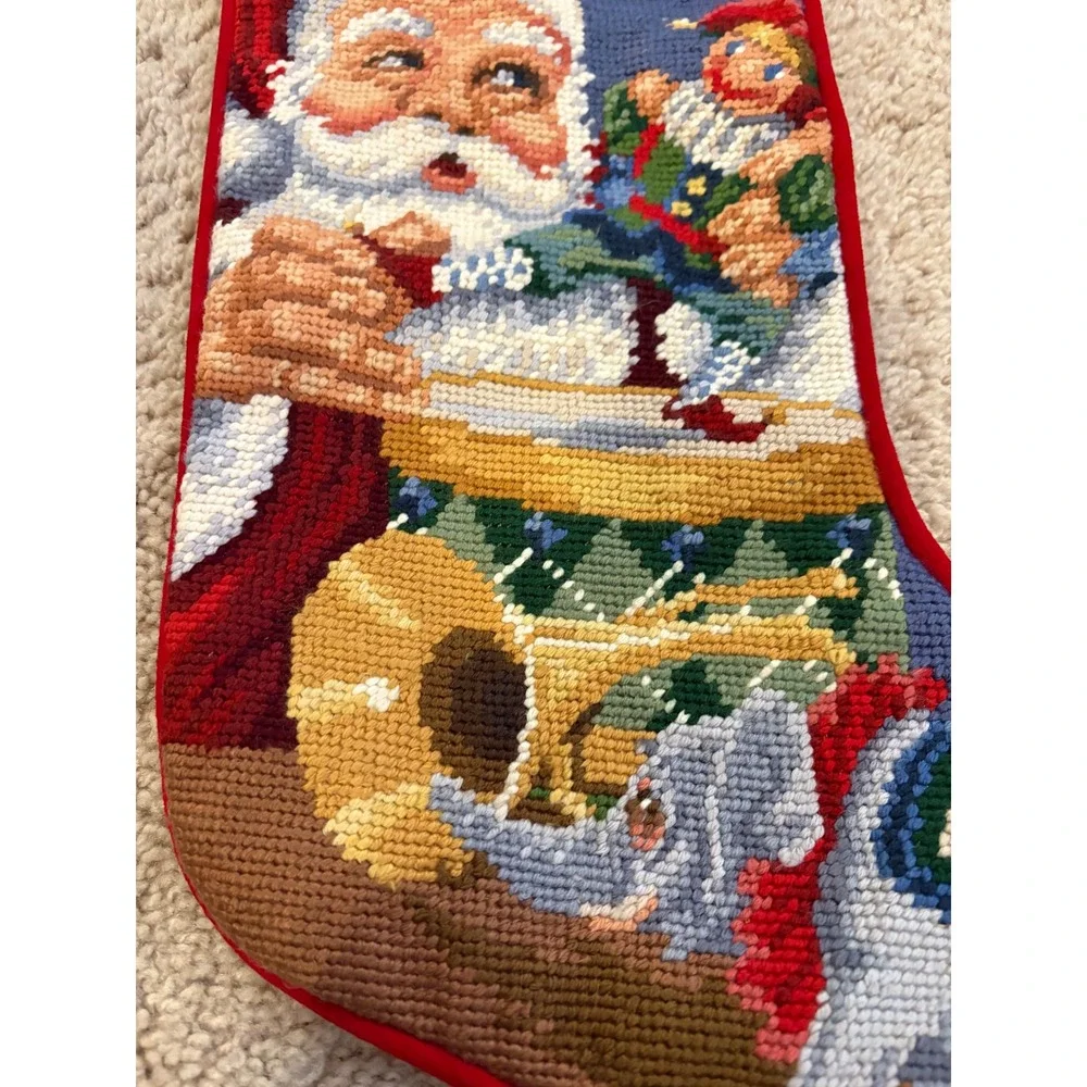 Vintage Santa Claus Christmas Stocking Needlepoint Gift Bag Soft‎ Red Backing